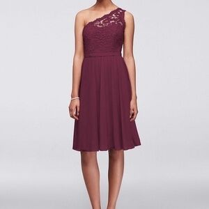 David's Bridal Short One Shoulder‎ Corded Lace Dress Plum Womens Size 6 F…